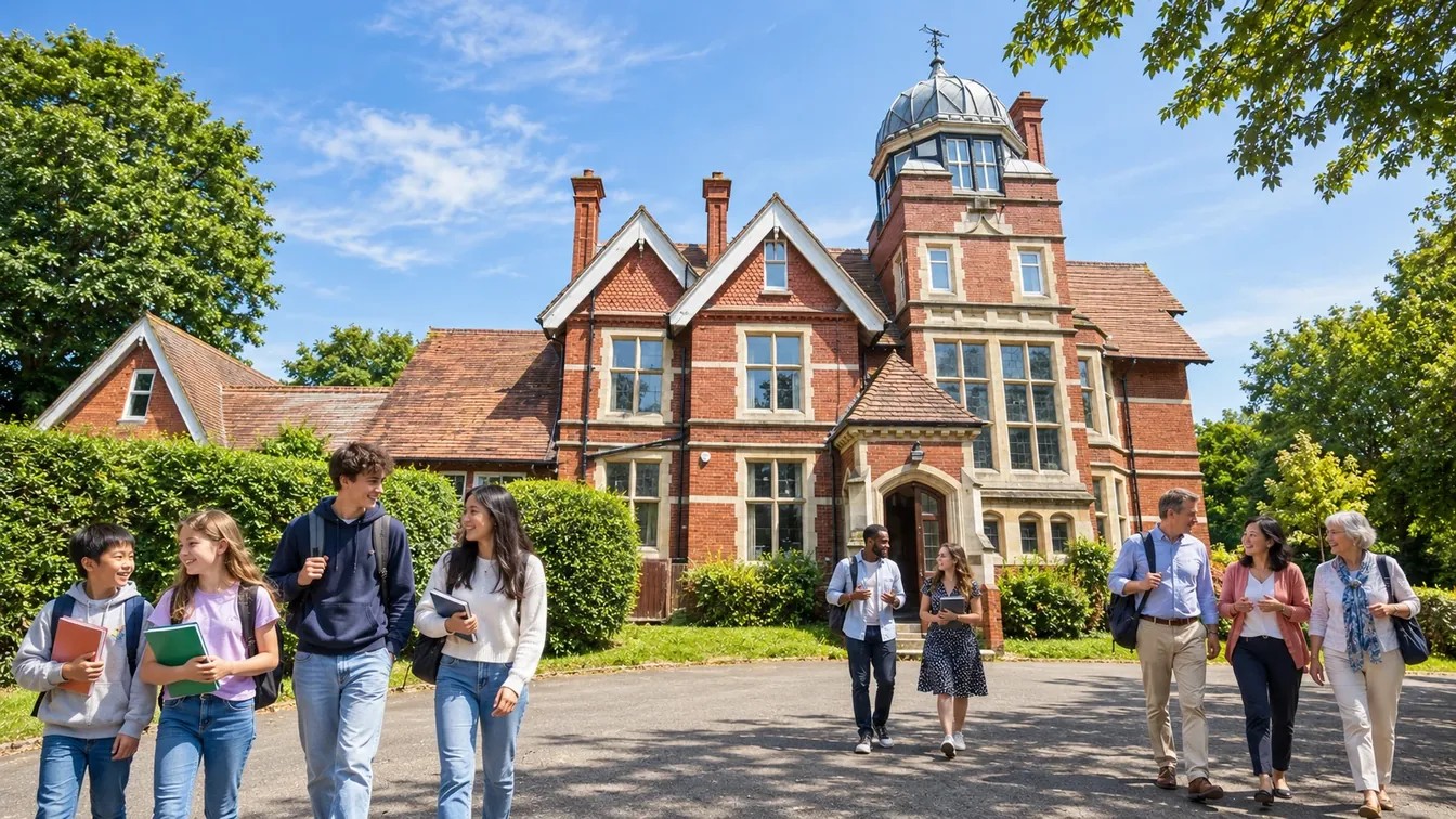 Students of all ages walking outside the Loxdale English Centre Victorian building in Brighton