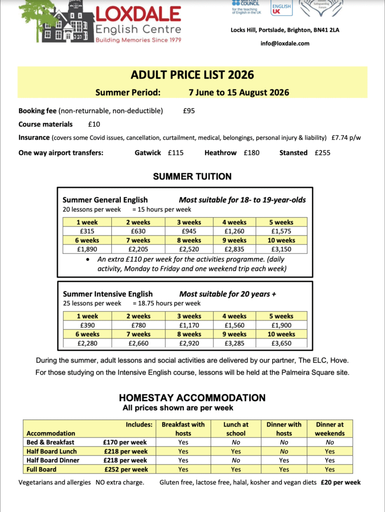 Adult Summer price List 2026